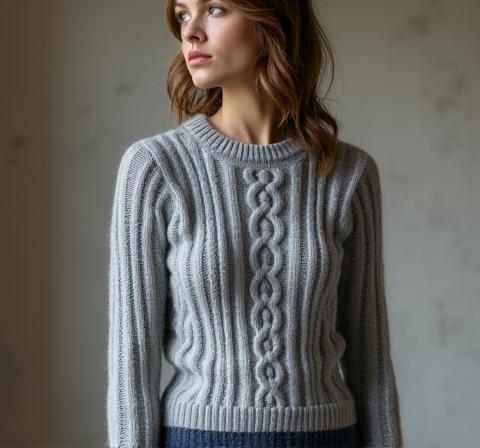 차분한 색상의 두꺼운 울 스웨터를 입은 모델.