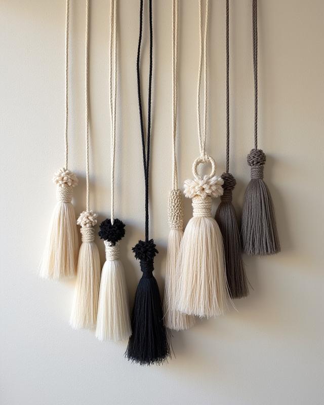 워크샵에서 완성된 아름다운 전통 매듭 장신구들의 전시.