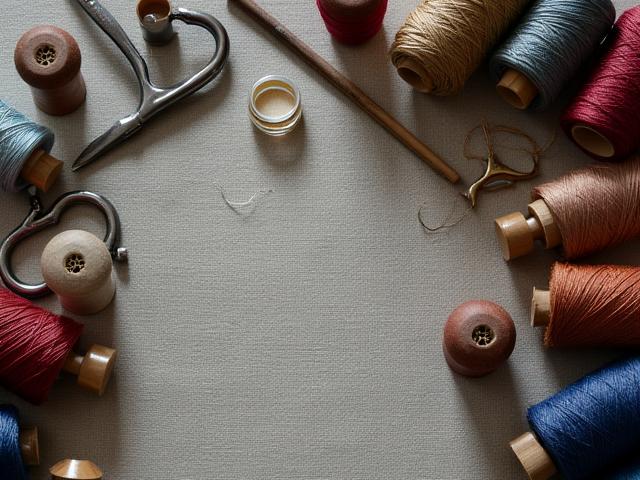 아날로그 느낌의 자수 도구, 바늘, 실이 놓여진 작업대 장면.